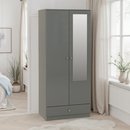Denver 2 Door 1 Drawer Mirrored Wardrobe - Grey Gloss