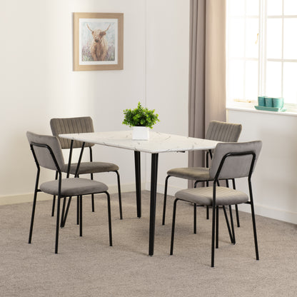 Marlow Dining Set with Sheldon Chairs - White Marble/Grey Velvet Fabric
