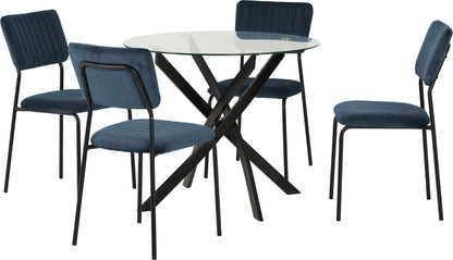 Sheldon Round Glass Top Dining Set - Clear Glass/Navy Blue Velvet Fabric