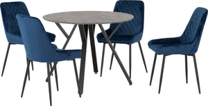 Athens Round Dining Set with Avery Chairs - CONCRETE/SAPPHIRE BLUE VELVET
