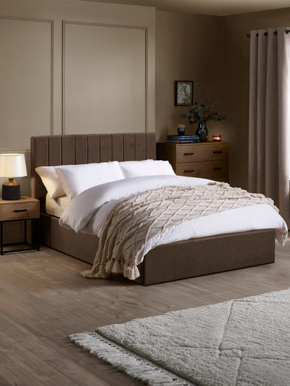 Aylen Upholstered Ottoman Storage Bed Frame - Chocolate Velvet, Double