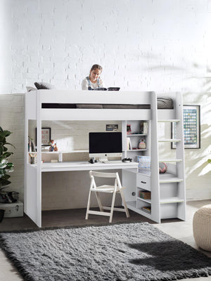 Blaze 90cm Single White Gaming Highsleeper Loft Bed with Desk