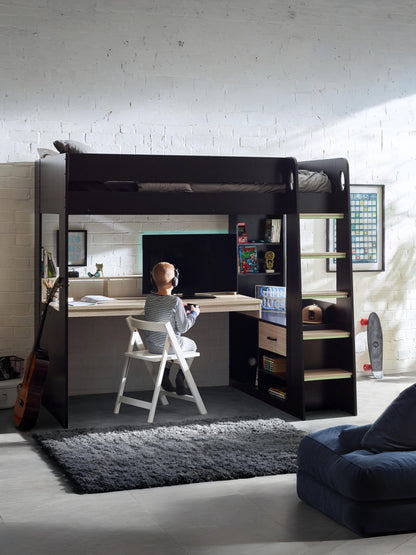 Blaze 90cm Single Black/Wood Effect Gaming Highsleeper Loft Bed with Desk