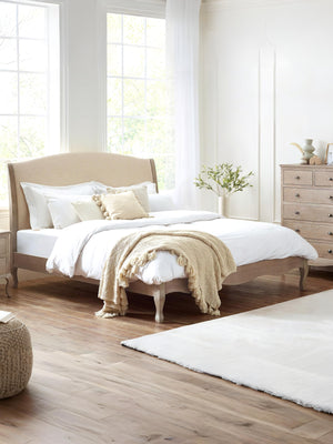 Camille French Style Bed Frame - Limed Oak/Oatmeal Linen, Double