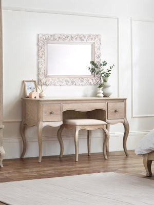 Camille French Style 3 Drawer Dressing Table with Stool Set - Limed Oak/Oatmeal Linen