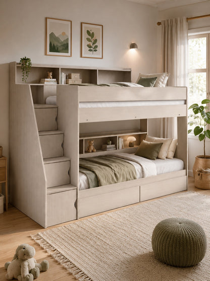Camelot Bunk Bed with Stairs - Nordic White Wood Effect