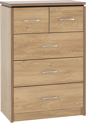 Charles 3+2 Drawer Chest - Oak Effect Veneer with Walnut Trim