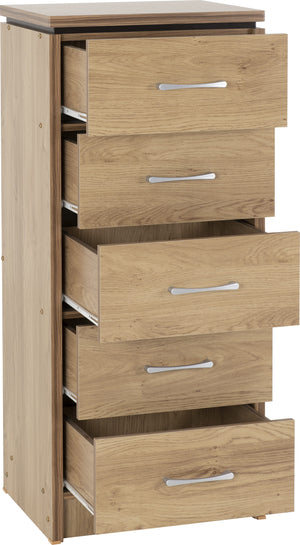 Charles 5 Drawer Narrow Chest - OAK EFFECT VENEER