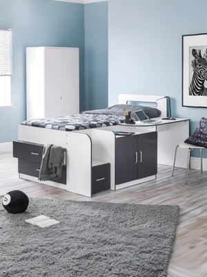 Cookie 90cm Black and White Midsleeper Cabin Bed with Desk