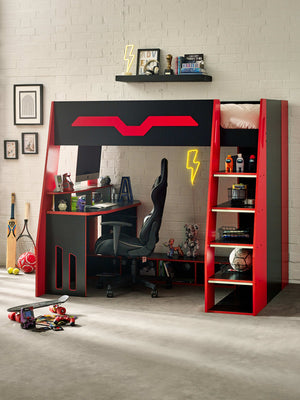 Eagle 90cm Single Black and Red Gaming Highsleeper Loft Bed with Desk