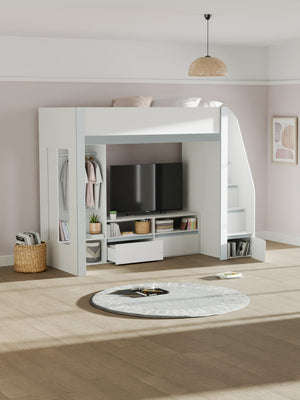 Gaia 90cm Single White Highsleeper Loft TV Bed with Storage