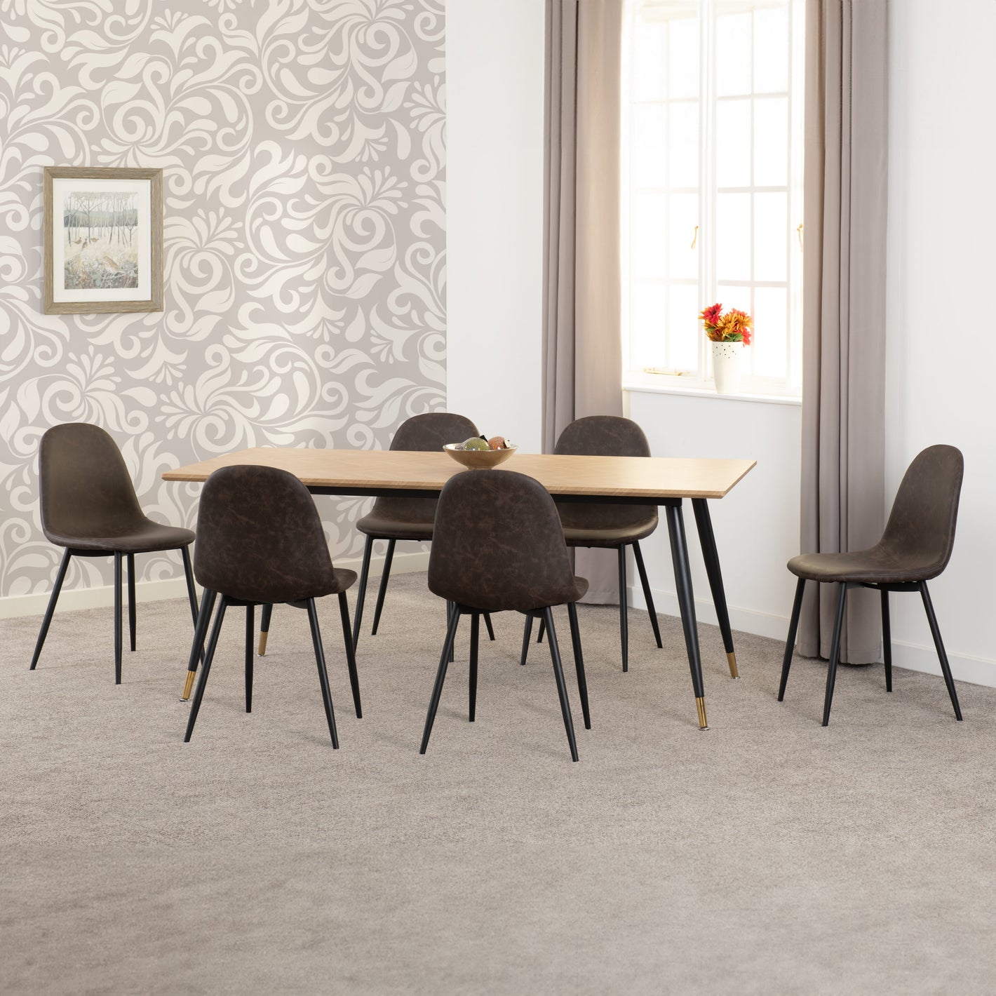 Hamilton Large Dining Set with Athens Chairs - Medium Oak Effect/Black/Brown Faux Leather