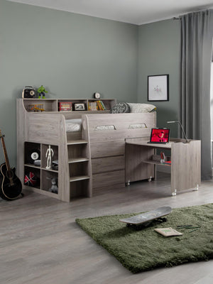 Jupiter Mid Sleeper with Pull-Out Desk and Storage - Grey Oak Effect, Single