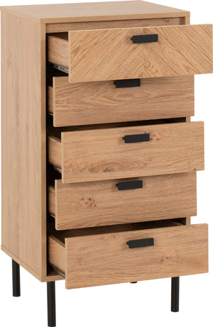 Leon 5 Drawer Narrow Chest - MEDIUM OAK EFFECT