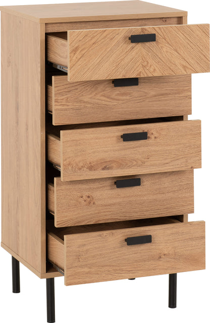Leon 5 Drawer Narrow Chest - MEDIUM OAK EFFECT