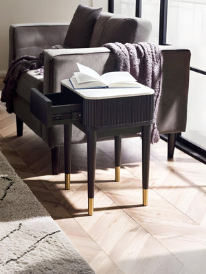 Louis Fluted Stone Top Lamp Table With Drawer - Black