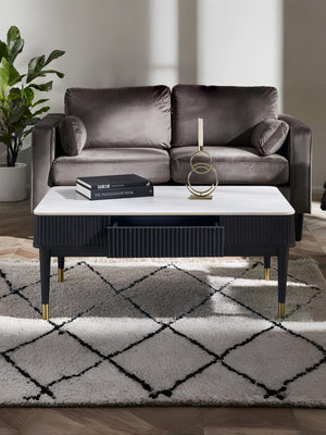 Louis Fluted Stone Top Coffee Table With 2 Drawers - Black