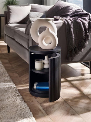 Louis Fluted Side Table With Door - Black