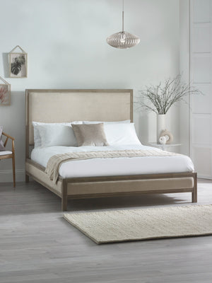 Lucie 135cm Double Oatmeal Linen Style Fabric and Limed Oak Effect Bed