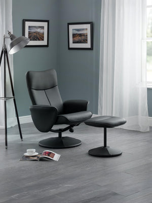 Lugano Recliner & Stool With Covered Base - Black