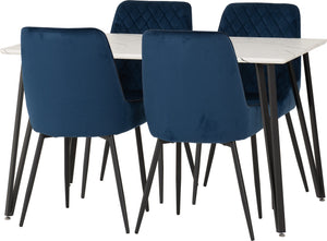 Marlow Dining Set with Avery Chairs - WHITE MARBLE/SAPPHIRE BLUE VELVET