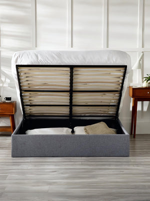 Merida 150cm King Grey Linen Style Fabric Lift-up Ottoman Storage Bed