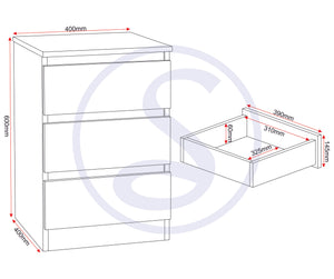 Malvern 3 Drawer Bedside - BLACK
