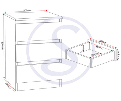 Malvern 3 Drawer Bedside - BLACK