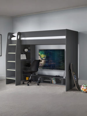 Nebula 90cm Single Anthracite Black Gaming Highsleeper Loft Bed with Desk