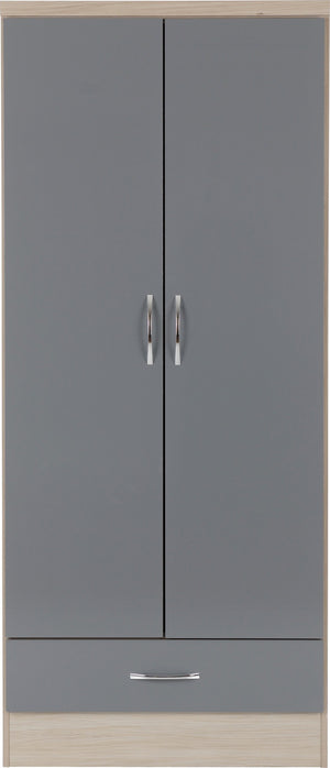Nevada 2 Door 1 Drawer Wardrobe - Grey Gloss/Light Oak Effect Veneer