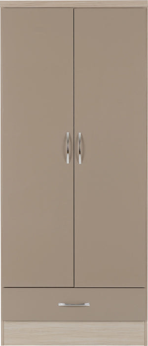 Nevada 2 Door 1 Drawer Wardrobe - Oyster Gloss/Light Oak Effect Veneer