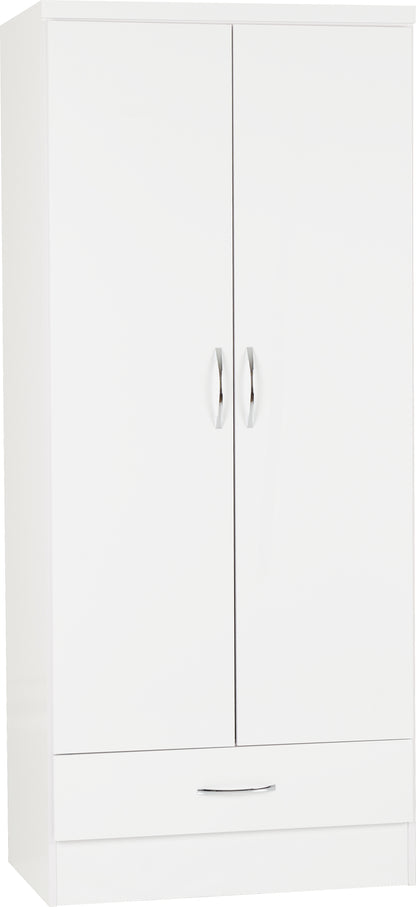 Nevada 2 Door 1 Drawer Wardrobe - WHITE GLOSS