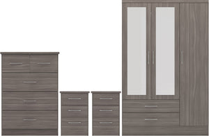 Nevada 3 Door 2 Drawer Mirrored Wardrobe Bedroom Set - Black Wood Grain