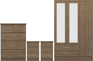 Nevada 3 Door 2 Drawer Mirrored Wardrobe Bedroom Set - Rustic Oak Effect