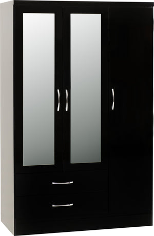 Nevada 3 Door 2 Drawer Mirrored Wardrobe - BLACK GLOSS