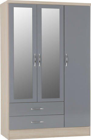 Nevada 3 Door 2 Drawer Mirrored Wardrobe - Grey Gloss/Light Oak Effect Veneer