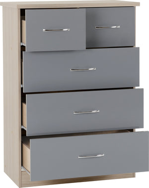 Nevada 3+2 Drawer Chest - GREY GLOSS/LIGHT OAK EFFECT VENEER