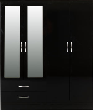 Nevada 4 Door 2 Drawer Mirrored Wardrobe - Black Gloss