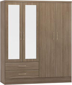 Nevada 4 Door 2 Drawer Mirrored Wardrobe - Rustic Oak Effect