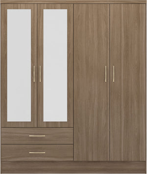 Nevada 4 Door 2 Drawer Mirrored Wardrobe - RUSTIC OAK EFFECT