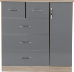 Nevada 5 Drawer Low Wardrobe - Grey Gloss/Light Oak Effect Veneer