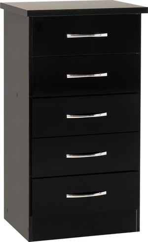 Nevada 5 Drawer Narrow Chest - Black Gloss