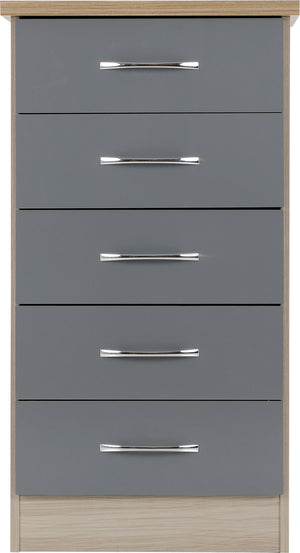 Nevada 5 Drawer Narrow Chest - Grey Gloss/Light Oak Effect Veneer