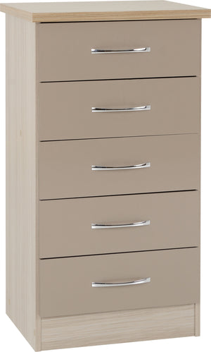Nevada 5 Drawer Narrow Chest - Oyster Gloss/Light Oak Effect Veneer