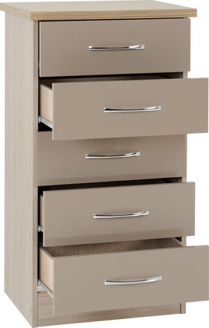 Nevada 5 Drawer Narrow Chest - OYSTER GLOSS/LIGHT OAK EFFECT VENEER