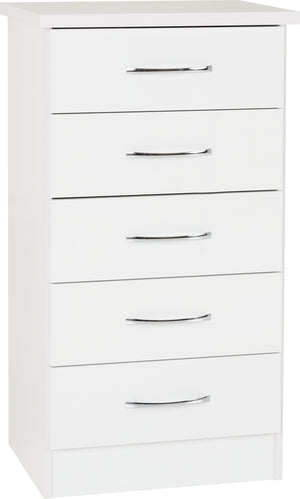 Nevada 5 Drawer Narrow Chest - White Gloss