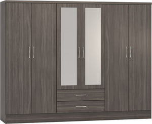 Nevada 6 Door 2 Drawer Mirrored Wardrobe - Black Wood Grain