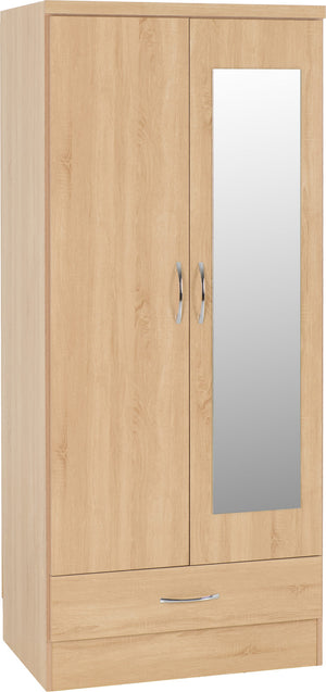 Nevada Mirrored 2 Door 1 Drawer Wardrobe - Sonoma Oak Effect