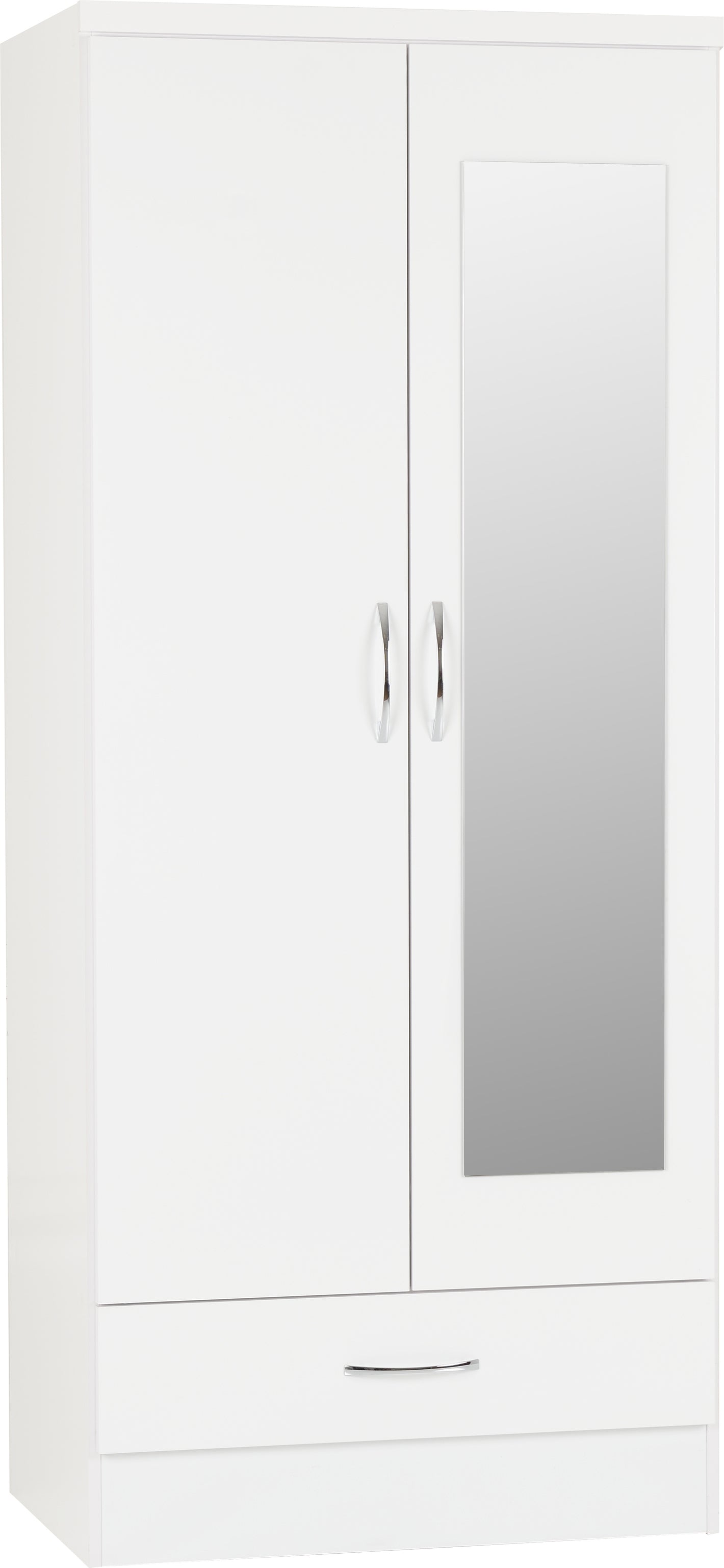 Nevada Mirrored 2 Door 1 Drawer Wardrobe - White Gloss