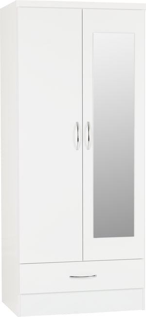Nevada Mirrored 2 Door 1 Drawer Wardrobe - White Gloss